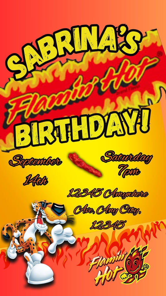 Flaming Hot Cheetos themed Birthday Invite with sound. Editable in Canva