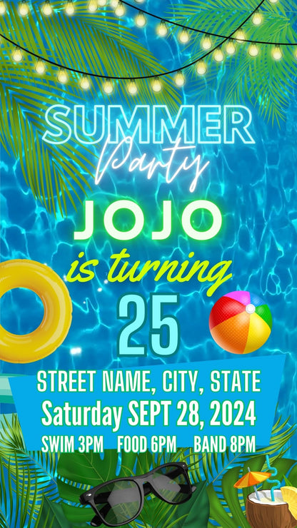 Pool Party Digital Video Invite with music. Editable in Canva.