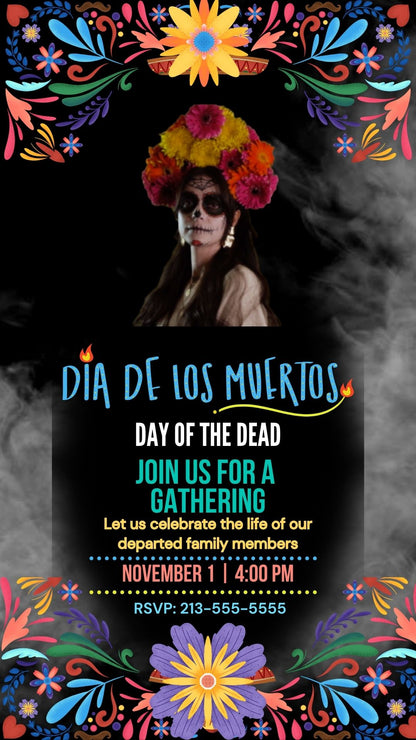 Dia de los Muertos Invite with colored borders. Day of the Dead invitation. Editable in Canva.