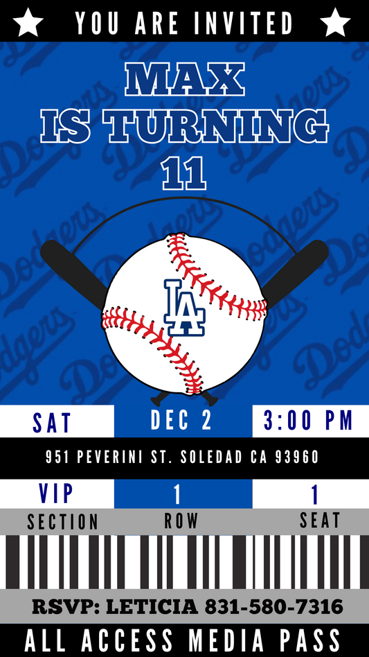 Baseball Invite. Dodgers Inspired. Editable in Canva w audio. Video Invite.