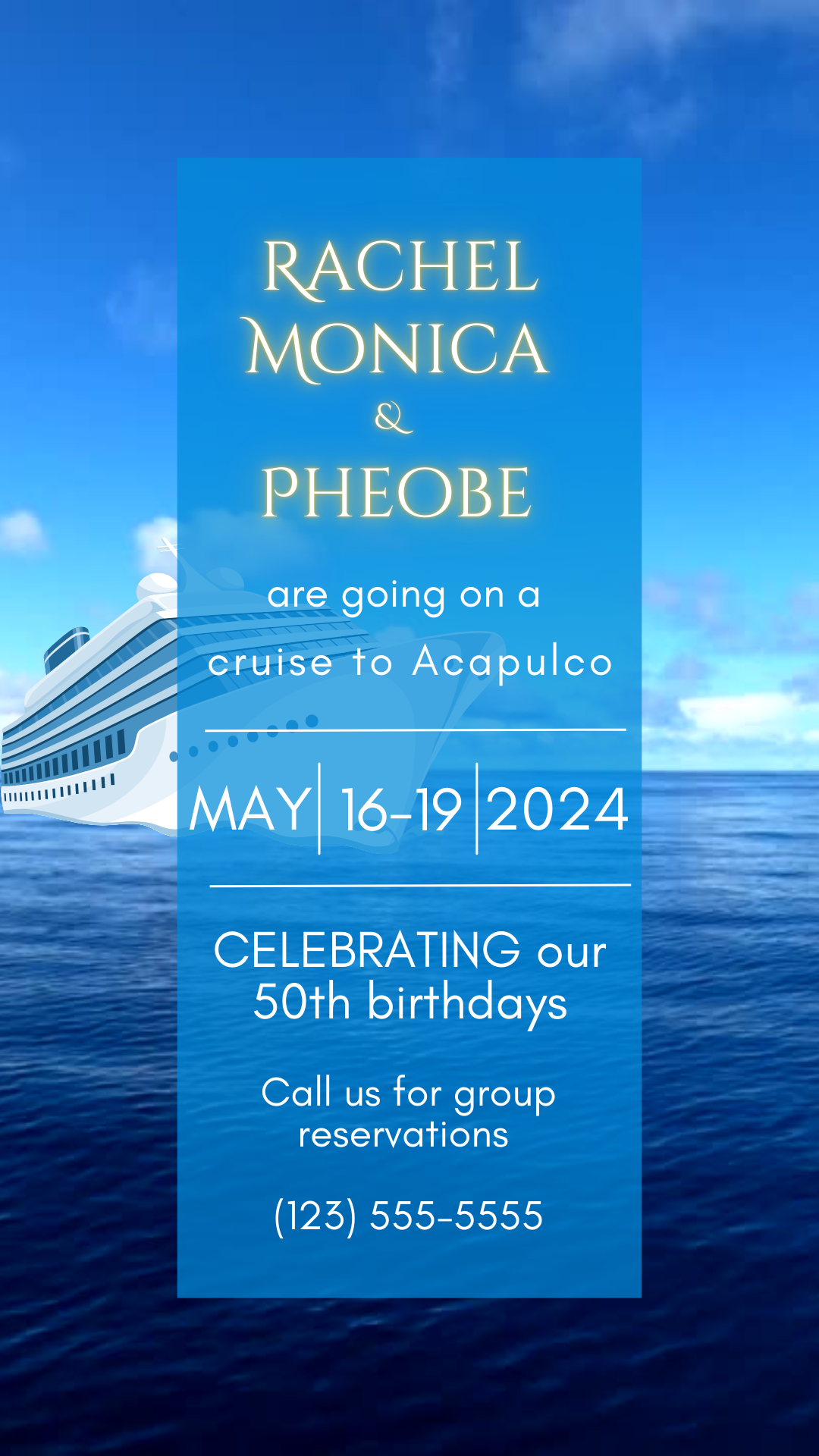 Destination Birthday Cruise Ship Invite (w Audio). Editable on Canva.