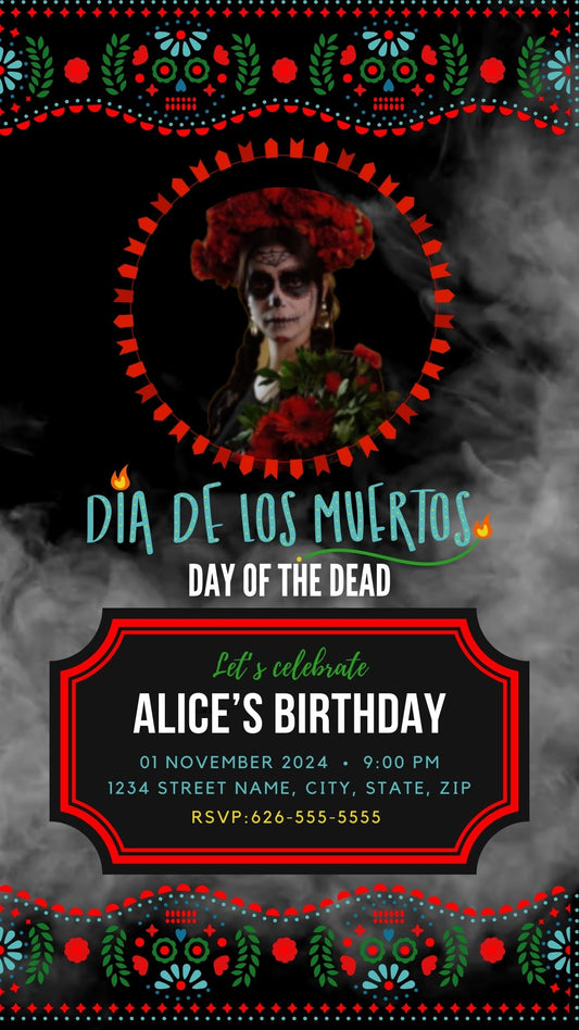 Dia de los Muertos Red Border Themed Video Invitation. Editable in Canva.