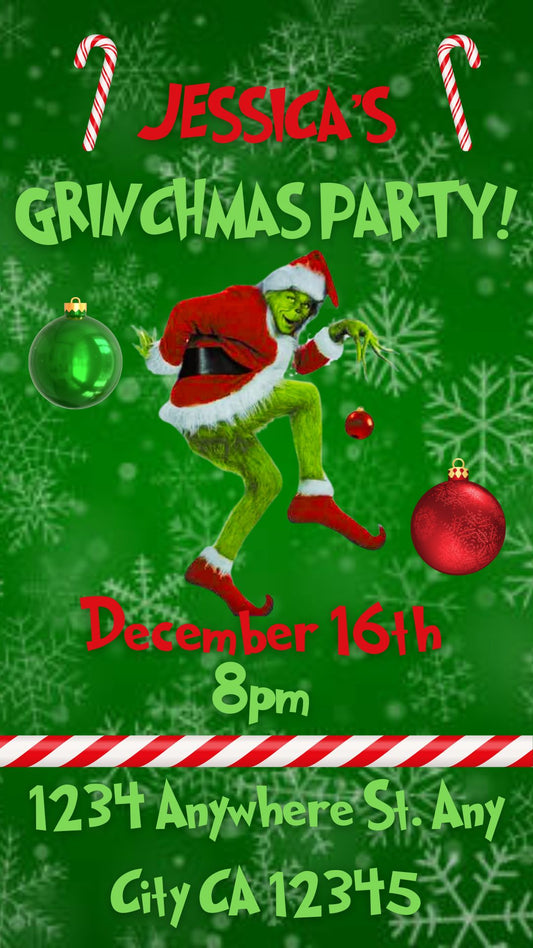 Grinch Video Invite with Audio. Editable in Canva.