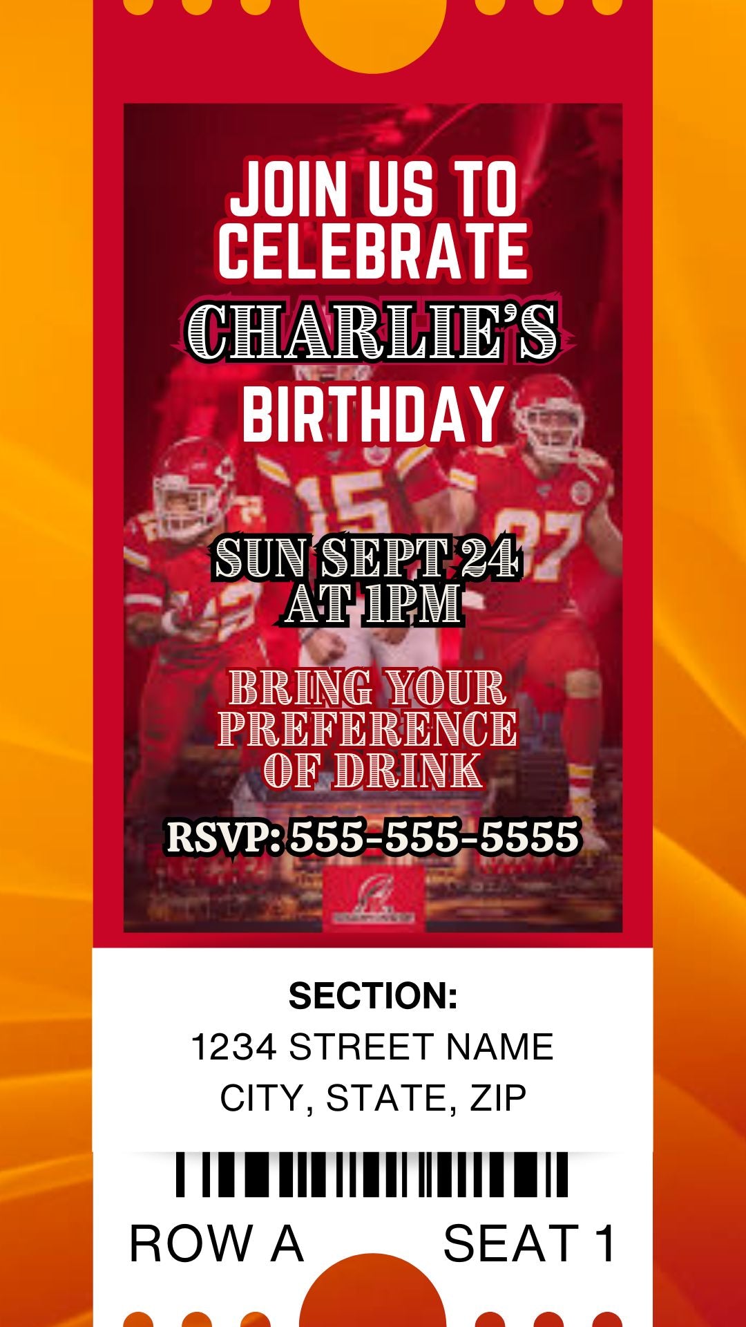 Football Invite, Kansas City Chiefs Colors Inspired with audio. Editable in Canva.