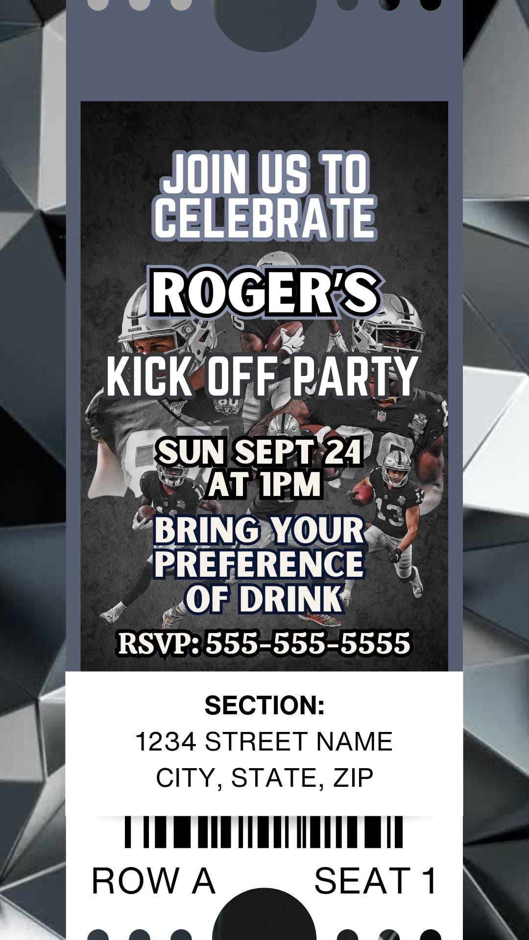 Football Invite, Las Vegas Raiders Inspired Colors with audio. Editable in Canva.