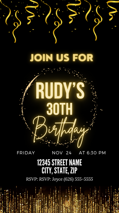 Black and Gold theme Birthday Invite (w Audio). Editable in Canva.