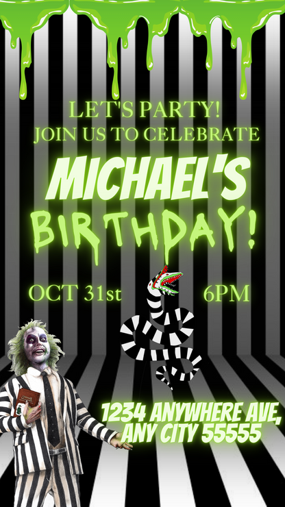 Beetlejuice Invitation for any occasion (w Audio). Editable in Canva. Video Invite.