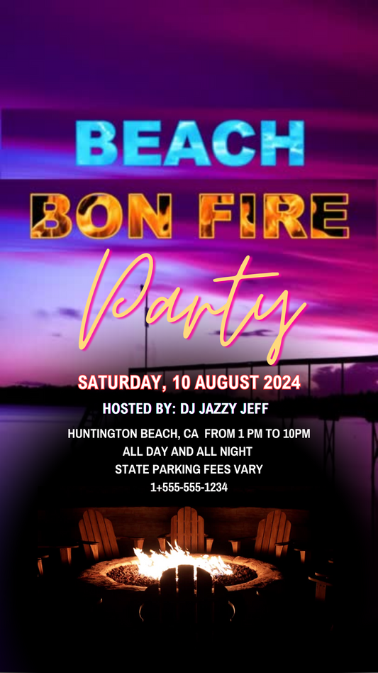 Beach Bonfire Party Video Invite with Purple Sky. Editable in Canva