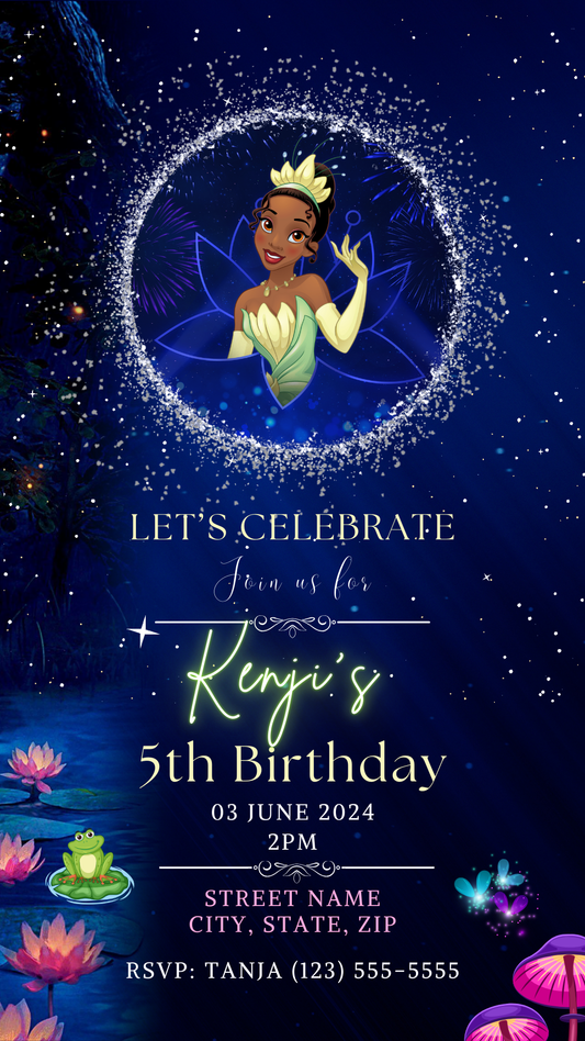 The Frog and the Princess Birthday Invite. Editable in Canva