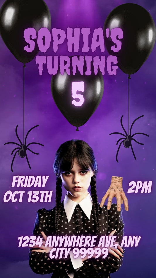 Wednesday Addams Video Invitation with sound. Editable in Canva.