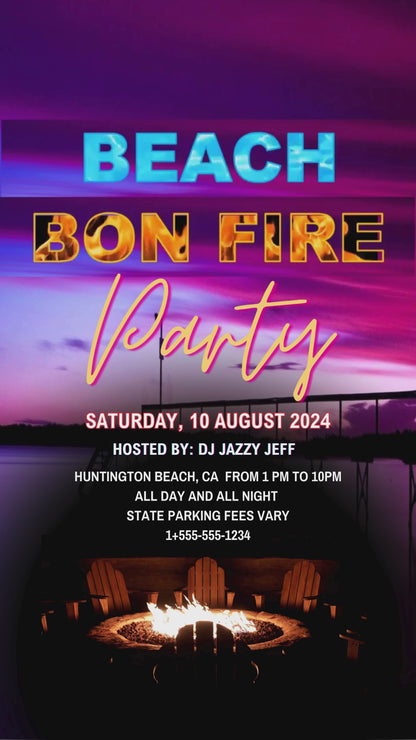 Beach Bonfire Party Video Invite with Purple Sky. Editable in Canva