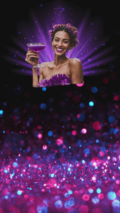 Any Occasion and Birthday Invite Dark Purple BK Girl holding a Cocktail. Editable in Canva